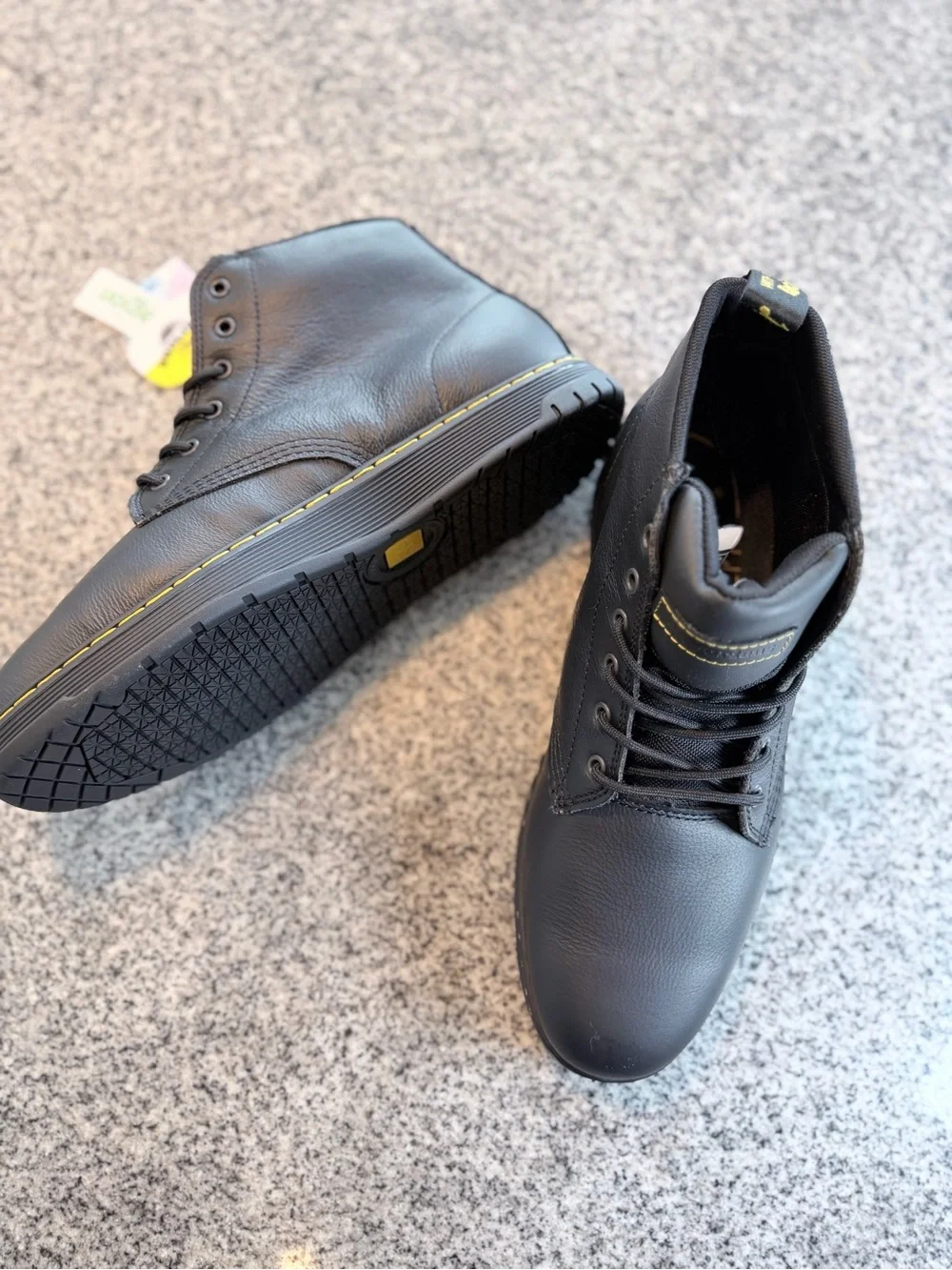Dr. Martens Black Leather Lace-Up Ankle Boots with Yellow Stitching